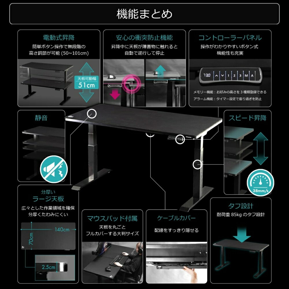 エントリーでP10倍! バウヒュッテ専門店 電動スーパーゲーミングデスク 脚部のみ 天板は別売り BHD-1400FAM-BK ゲーマーズハイド 2