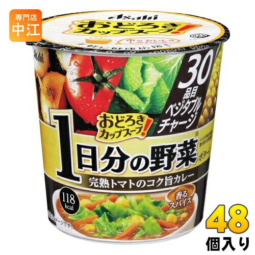 【一個あたり 268円（税込）】【賞味期間】製造後9ヶ月【商品説明】1日分の野菜が手軽に摂れる、完熟トマトの酸味が利いたスパイス香るコク深いカレースープです。【名称および品名】カップスープ【エネルギー】1製品あたり118kcal【栄養成分】たんぱく質:3.7g、脂質:1.2g、炭水化物:23g、食塩相当量:1.9g【原材料】トマトパウダー、オニオンパウダー、ポークエキスパウダー(小麦・大豆を含む)、食塩、カレー粉(オレンジを含む)、砂糖、粉末油脂(乳成分を含む)、たん白加水分解物、ガーリックパウダー、ジンジャーパウダー、野菜パウダー、野菜・果実混合粉末、クミンパウダー、でん粉、具(乾燥キャベツ(中国製造)、乾燥コーン、乾燥ニンジン、乾燥コリアンダーリーフ)/調味料(アミノ酸等)、カラメル色素、微粒酸化ケイ素、香辛料抽出物【保存方法】常温【製造者、販売者、又は輸入者】アサヒグループ食品株式会社【アレルギー特定原材料】小麦・乳成分・オレンジ・大豆・豚肉※北海道・沖縄県へのお届けは決済時に送料無料となっていても追加送料が必要です。(コカ・コーラ直送を除く)北海道1個口 715円（税込）、沖縄県1個口 2420円（税込）追加送料の詳細は注文確定メールにてご案内いたします。※本商品はご注文タイミングやご注文内容によっては、購入履歴からのご注文キャンセル、修正を受け付けることができない場合がございます。変更・修正ができない場合は、メール、お電話にてご連絡をお願い致します。送料無料 食品 手軽 驚き おどろきやさい ベジタブルチャージ とまと おどろきカップスープ カロリーひかえめ 小腹満たし ボリューム満点 30品目 カレースープ 軽食 4946842540853