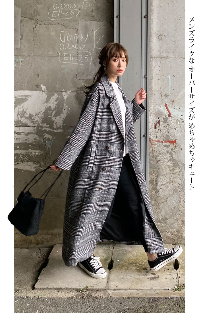 【楽天市場】【 グレンチェックマキシコート 】ダブル　パッと羽織れる軽いロング　デニムにもスーツにも　カッコイイ可愛い　軽やかなので３シーズン楽しめる　パリジェンヌのようなムードで　好感度あり　大柄チェック　レディースファッション　コート　ロング　マキシ　長袖：ＣＡＮＤＡＹ