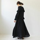 <月間優良ショップ賞51回受賞>【 ランダムドットフリルワンピ 】着丈3サイズ ボディ3サイズ モノトーン ドット 水玉 フリル ペプラム 長袖 洗練 クラシック フェミニン エレガント カジュアル オケージョン 裏地付き カフス レディース マキシ ワンピース ロング