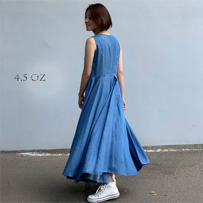 【 New ノースリーブ デニム ワンピ 4.5oz 】　着丈130cm/135cm/140cm　コーデでフリーシーズン楽しめます！　ステッチが大人カッコいい　レディースファッション　ワンピース　マキシ　ロング　ウエストマーク　デニムワンピース　コットン100％