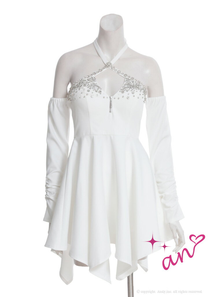 【an/アン】ラメ/ ツイル/ ジッパー/ ビジュー/ クロス/ ホルターネック/ 2WAY/ 長袖/ フレア/ ミニドレス/ キャバドレス / ワンピース/ ドレス [AOC-3947] Andy あんでぃ パーティー ミニスカート インスタ ナイトドレス 華やか アシンメトリー