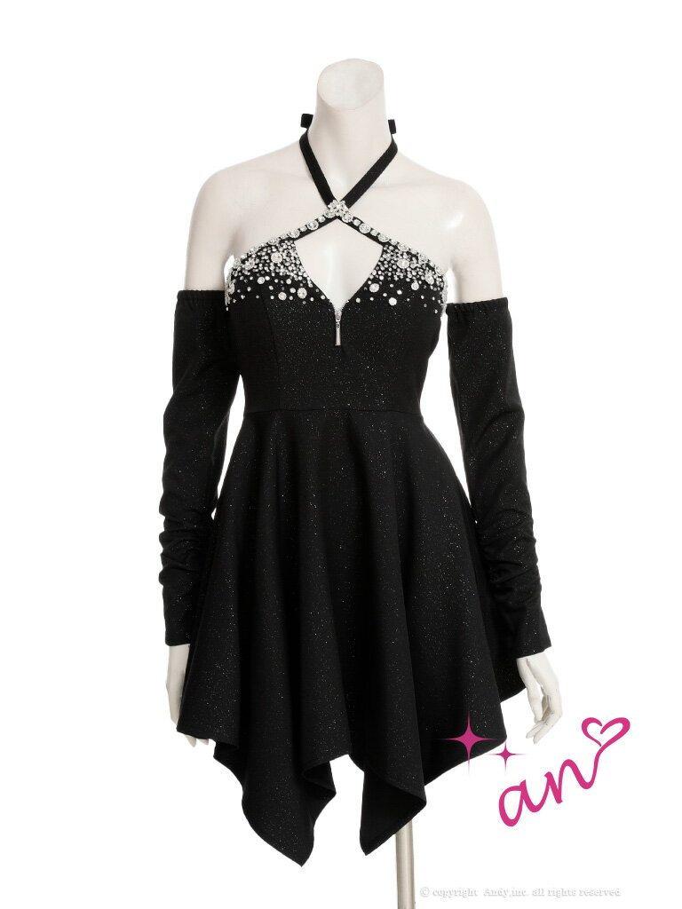 【an/アン】ラメ/ ツイル/ ジッパー/ ビジュー/ クロス/ ホルターネック/ 2WAY/ 長袖/ フレア/ ミニドレス/ キャバドレス / ワンピース/ ドレス [AOC-3947] Andy あんでぃ パーティー ミニスカート インスタ ナイトドレス 華やか アシンメトリー