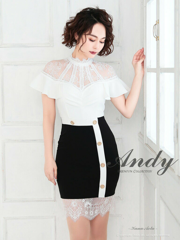 半額以下【SALE】【Andy/アンディ】バイカラー/ レース切り替え/ ハイネック/ フレ...