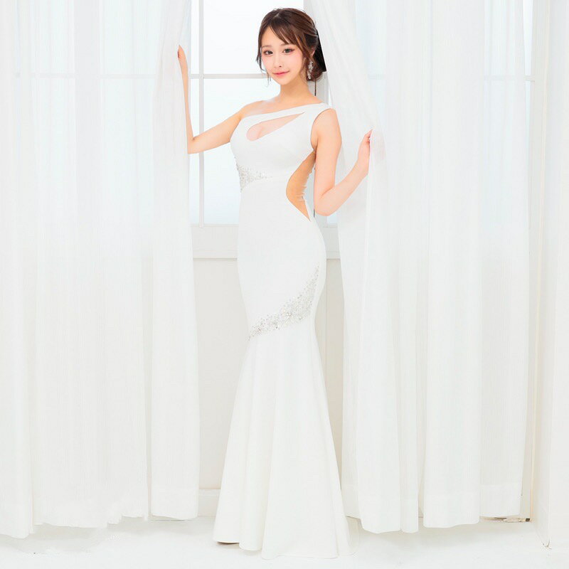 【AngelR / エンジェルアール】ストレッチ/ バストカット/ ビジュー/ ウエスト透け/ ワンショルダー/ マーメイド/ ロングドレス/ タイト/ ワンピース/ キャバドレス [AR24331] 送料無料 キャバ クラブ ラウンジ ブランド 衣装 舞台 華やか ゴージャス スリットなし