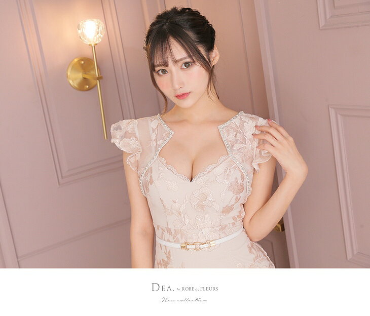 S/M/L 送料無料 DEA. by ROBE de FLEURS/ディアバイローブドフルール スパンコール織り刺繍レース×フリルスリーブタイトミニドレス(ベルト付) DE2441 キャバドレス キャバ カラー ミニ丈 ミニドレス クラブ ワンピース robedefleurs 膝丈 半袖 結婚式 パーティー