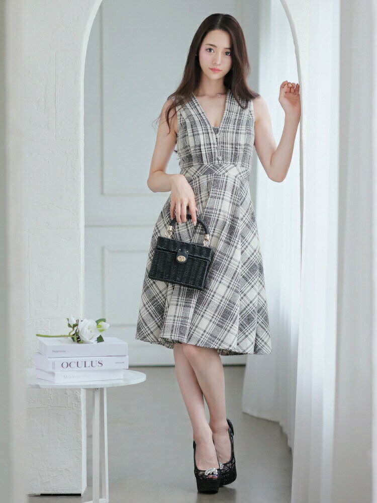 【DEA. by ROBE de FLEURS/ディアバイローブドフルール】チェック柄ツイード/ ノースリーブ/ フレア/ 膝丈/ Vネック/ フロントボタン/ ミニドレス/ キャバドレス/ ワンピース [DE2654] S/M/L 送料無料 シンプル 上品 Aライン ミディドレス 膝下丈