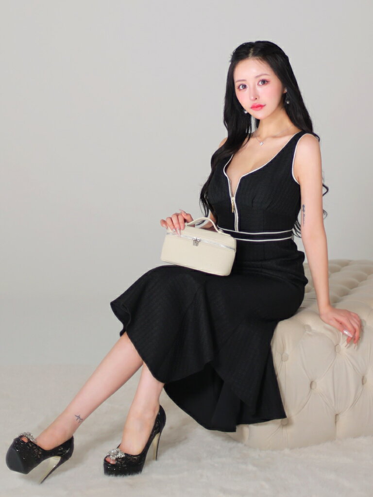 【新色追加】【再入荷】【DEA. by ROBE de FLEURS/ディアバイローブドフルール】パイピング/ ノースリーブ/ ジッパー/ アシンメトリー/ マーメイド/ フレア/ ミディドレス/ キャバドレス/ ワンピース [DE2730] XS/S/M/L 上品 シンプル 膝下 ロング ミディアムドレス