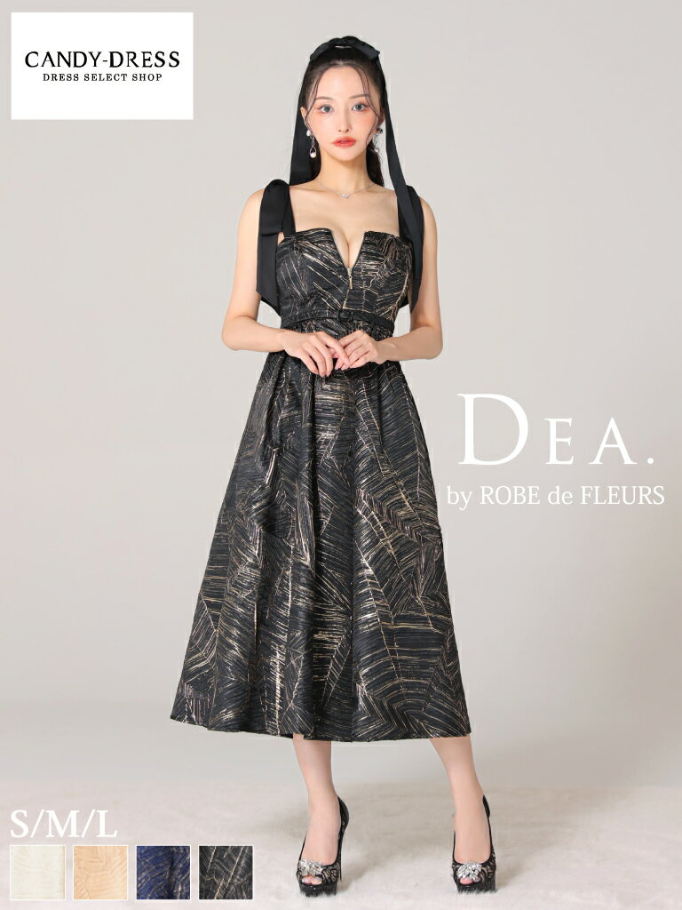 【DEA. by ROBE de FLEURS/ディアバイローブドフルール】ジャガード/ ジッパー/ 肩リボン/ ノースリーブ/ フレア/ ミディドレス/ キャバドレス/ ワンピース [DE3268] ミディアムドレス ナイトドレス シンプル ロングドレス 結婚式 パーティー キャミワンピ Aライン