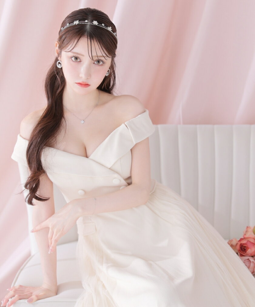 【DEA. by ROBE de FLEURS/ディアバイローブドフルール】ダブルボタン/ オフショルダー/ ウエストベルト/ サイドプリーツ/ フレア/ ミディドレス/ キャバドレス/ ワンピース [DE3417] ミディアムドレス ナイトドレス シンプル ナイトドレス 結婚式 パーティー 二次会