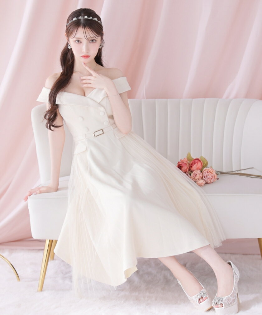 【DEA. by ROBE de FLEURS/ディアバイローブドフルール】ダブルボタン/ オフショルダー/ ウエストベルト/ サイドプリーツ/ フレア/ ミディドレス/ キャバドレス/ ワンピース [DE3417] ミディアムドレス ナイトドレス シンプル ナイトドレス 結婚式 パーティー 二次会