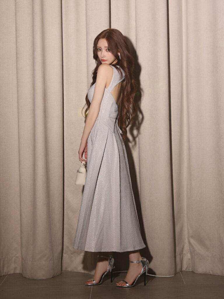 【les fetes de fleurs】【DEA. by ROBE de FLEURS / ディアバイローブドフルール】ラメ/ フラワー/ ジャガード/ ジッパー/ ノースリーブ/ 背中あき/ リボン/ フレア/ ロングドレス/ ミディドレス/ キャバドレス / ワンピース/ ドレス [LF4635] Aライン ナイトドレス