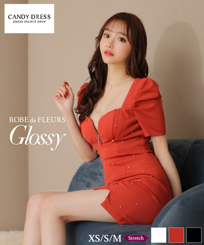 【ROBE de FLEURS Glossy / ローブドフルールグロッシー】 ストレッチ/ ジッパー/ ビジュー/ スタッズ/ 半袖/ ワンカラー/ ブラ着用可/ シンプル/ タイト/ ミニドレス/ キャバドレス/ ワンピー…