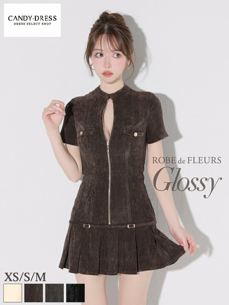 【ROBE de FLEURS Glossy / ローブドフルールグロッシー】ストレッチ/ 起毛ニット/ ジッパー/ ハイネック/ ローウエスト/ ベルト/ 半袖/ プリーツ/ フレア/ ミニドレス/ キャバドレス/ ワンピース [GL3964] ナイトドレス ノースリーブ ミニスカート 袖あり Aライン シンプル