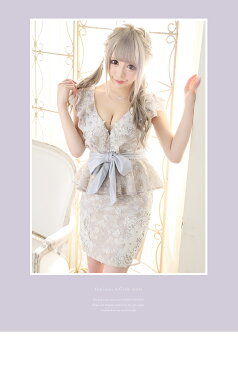 【SALE¥14,800】XS/S/M 送料無料 ROBE de FLEURS / ローブドフルール 刺繍ラメフラワーレース×フリルスリーブペプラムミニドレス(リボンベルト付) fm1730 robedefleurs キャバ キャバドレス キャバ嬢 キャバクラ クラブ ワンピ ワンピース