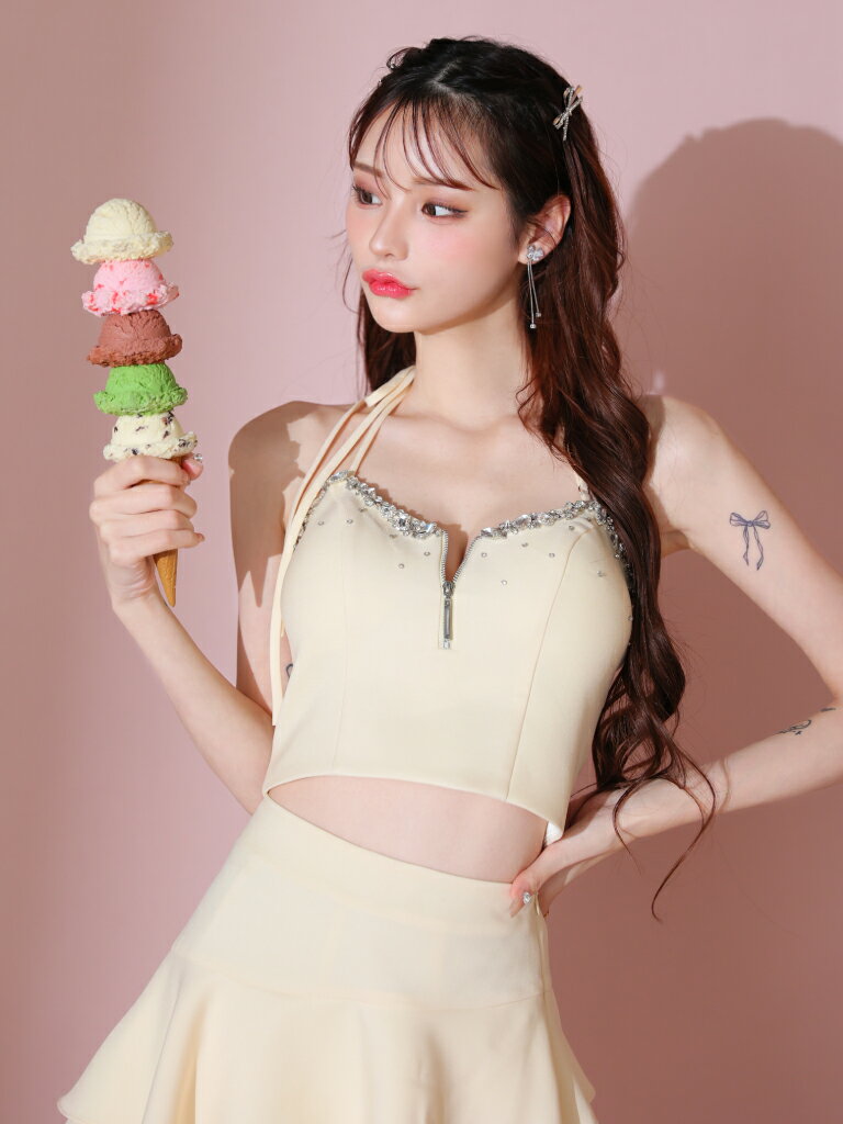 【ROBE de FLEURS / ローブドフルール】ビジュー/ ジッパー/ ホルターネック/ リボ...