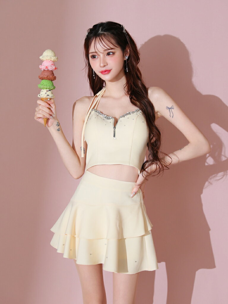 【ROBE de FLEURS / ローブドフルール】ビジュー/ ジッパー/ ホルターネック/ リボ...