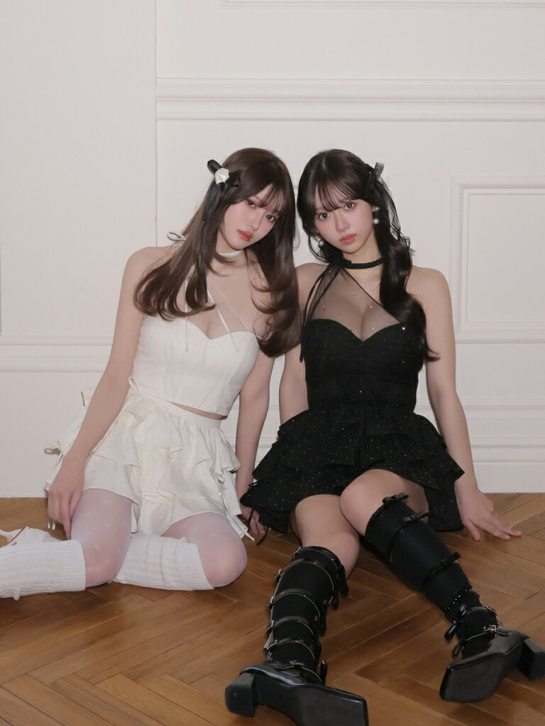 【ROBE de FLEURS / ローブドフルール】キラキラ/ ストーン/ ビジュー/ チュール/ チョーカー/ ワンショルダー/ ティアード/ フレア/ スカート/ セットアップ/ ミニドレス/ キャバドレス / ワンピース/ ドレス [fm4152] ナイトドレス ツーピース セパレート 可愛い 2