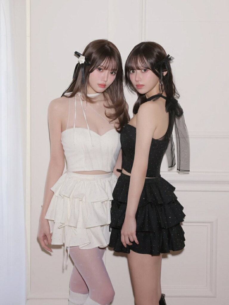 【ROBE de FLEURS / ローブドフルール】キラキラ/ ストーン/ ビジュー/ チュール/ チョーカー/ ワンショルダー/ ティアード/ フレア/ スカート/ セットアップ/ ミニドレス/ キャバドレス / ワンピース/ ドレス [fm4152] ナイトドレス ツーピース セパレート 可愛い 3