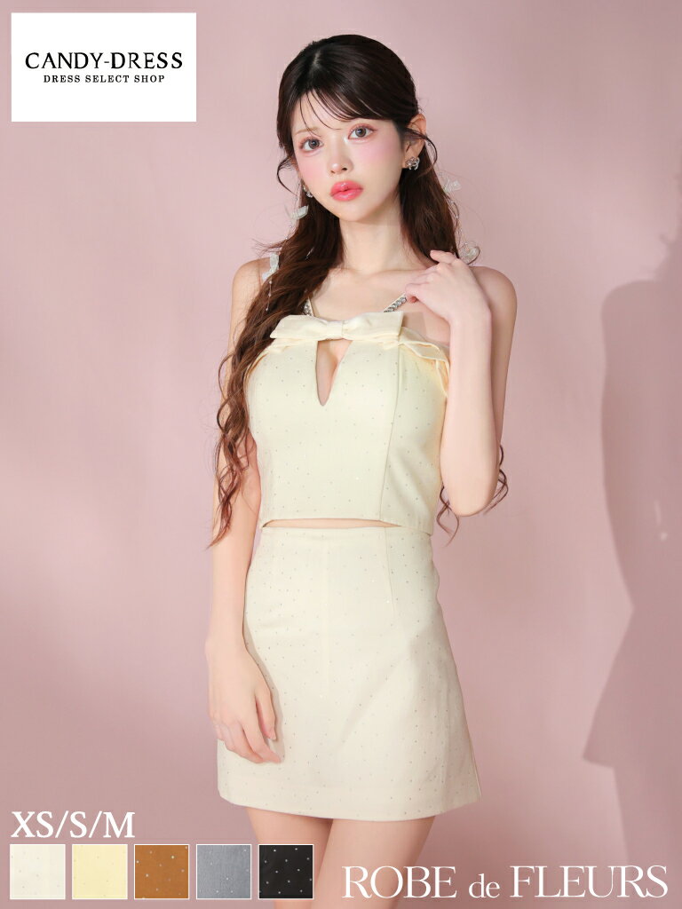 【再入荷】【ROBE de FLEURS / ローブドフルール】ツイル/ ドットストーン/ バストカット/ リボン/ ビジュー/ ストラップ/ 台形/ フレア/ セットアップ/ ミニドレス/ キャバドレス / ワンピース [fm3453] ナイトドレス ツーピース 可愛い 水玉 ノースリーブ candy-dress-10010656 CANDY-DRESS【キャンディドレス】 パッケージ画像