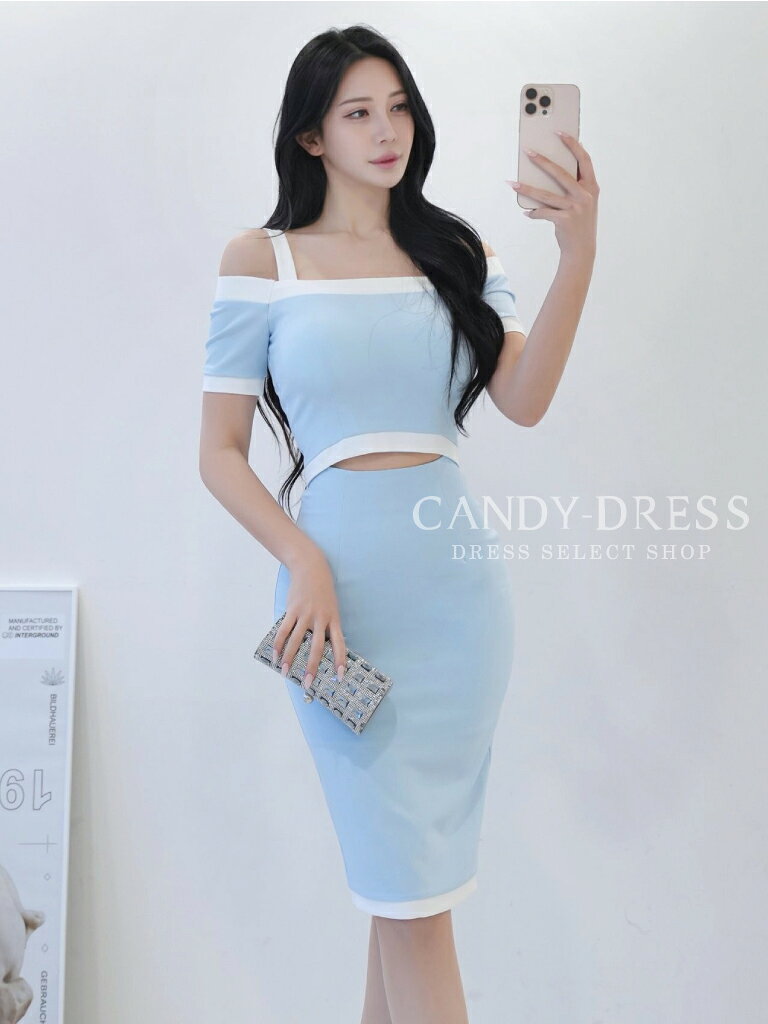 【予約】【Luxury Dress】 ストレッチ/ バイカラー/ パイピング/ ウエストカット/ オフショルダー/ 半袖/ タイト/ ミディドレス/ ワンピース [SY250401] 韓国ドレス 韓国製 正規品 ミディアムドレス カラー キャバドレス ナイトドレス 膝丈 膝下 シンプル オープンショルダー