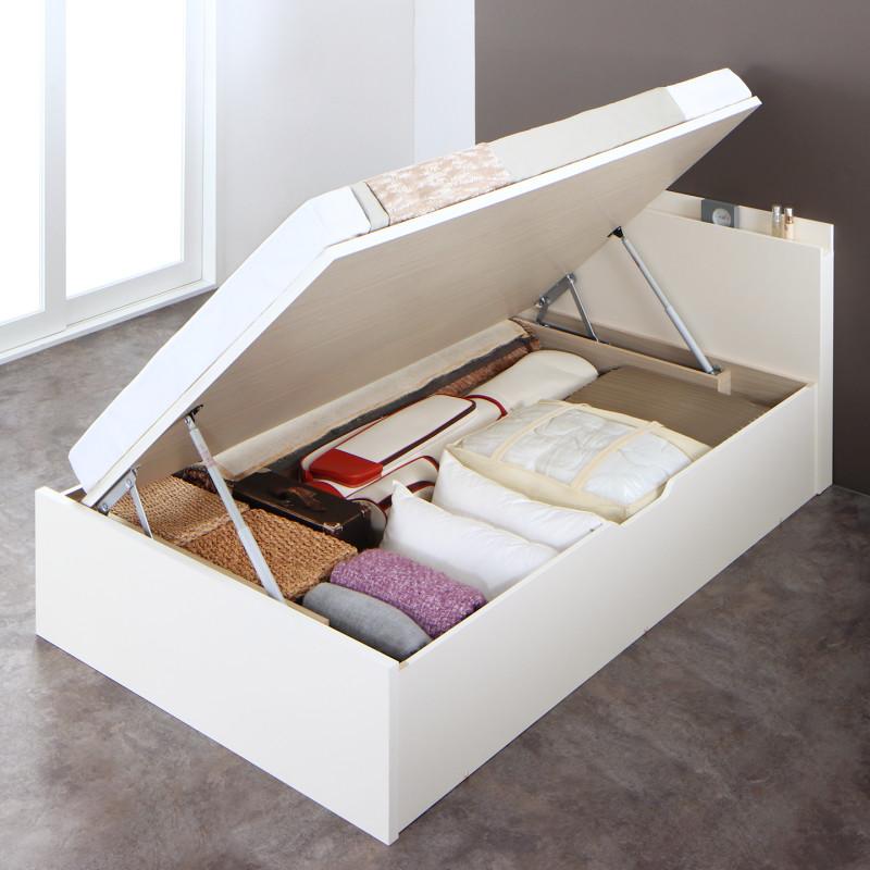 樂天商城 - ＜4/14〜4/17限定★最大100%ポイントバック＞お客様組立 国産跳ね上げ収納ベッド ホワイト 薄型スタンダードボンネルコイルマットレス付き 横開き セミダブル 深さラージ