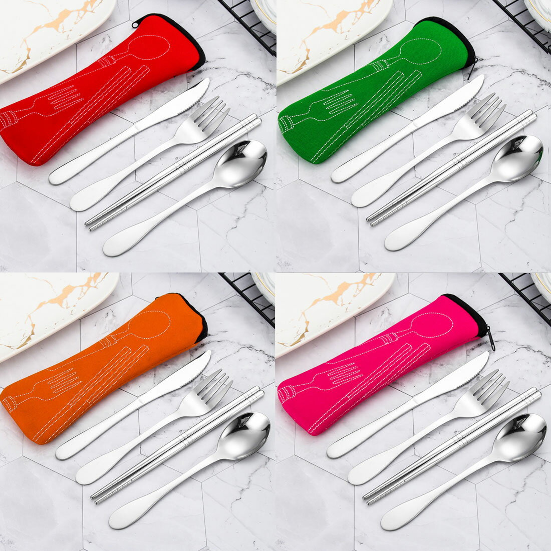 カトラリー アウトドア 食器セット 4点セット フォーク ナイフ スプーン 箸 収納袋...