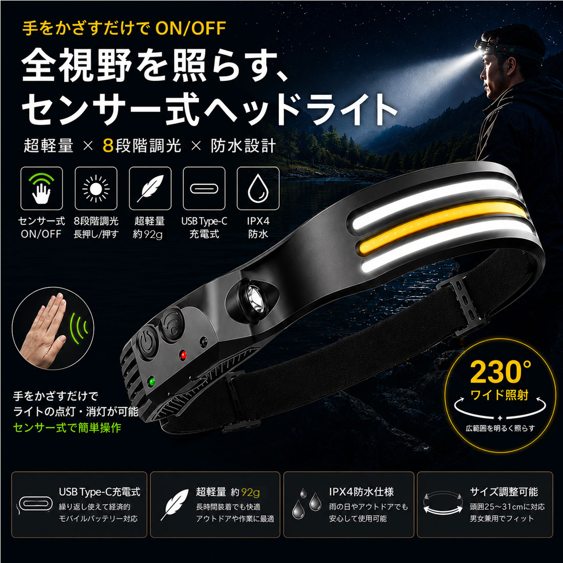ヘッドライト 充電式 LEDヘッドライト センサー式 左右対応 230°ワイド照射 USB Type-C 8段階調光 超軽量 IPX4防水 ヘッドランプ 釣り 登山 キャンプ 防災 作業用 LOD-051