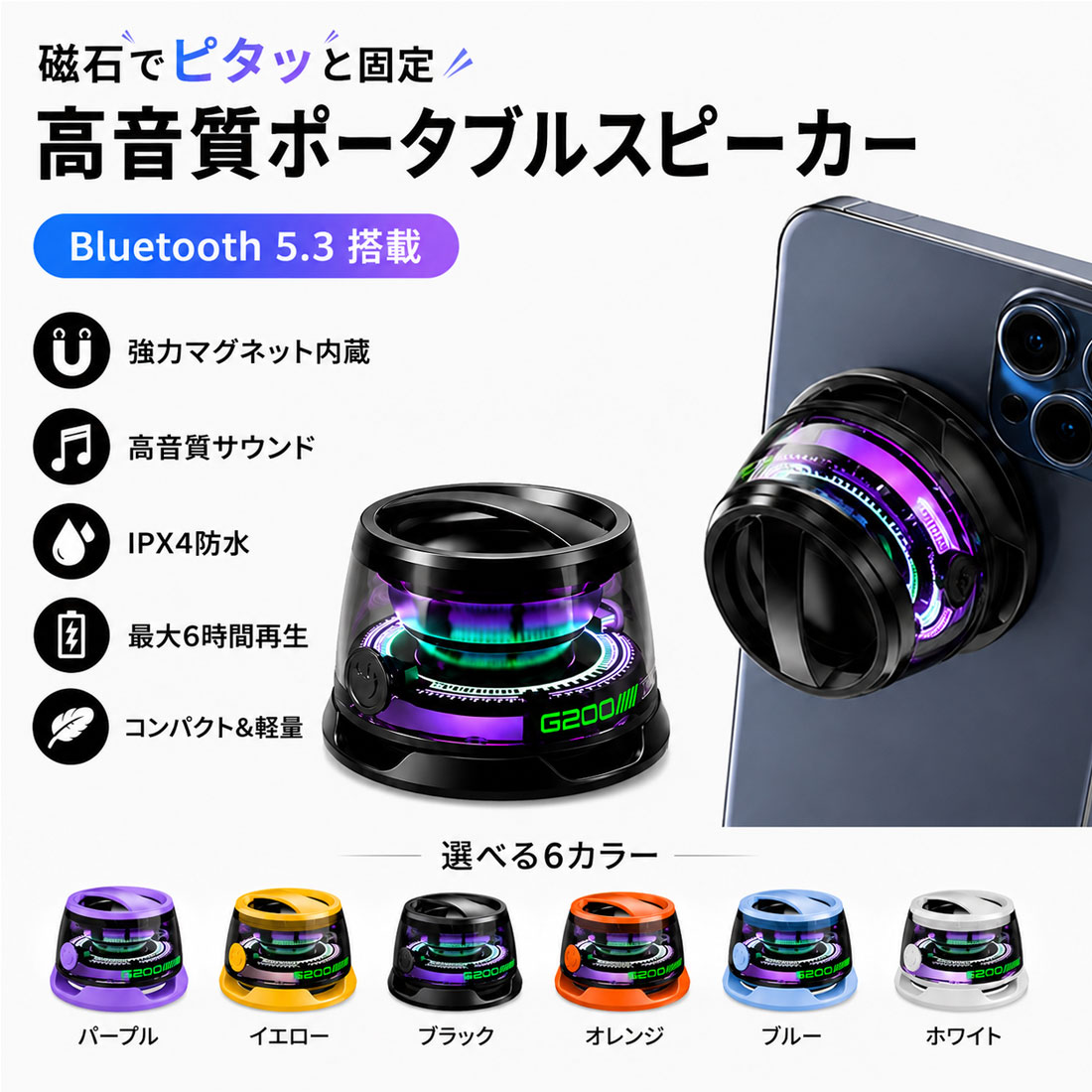 スマホにピタッと装着！ 音楽も動画もゲームも楽しめる、手のひらサイズのマグネット式Bluetoothスピーカー商品詳細 商品番号 LSF-111 カラー ブラック,ホワイト,ブルー,オレンジ,パープル,イエロー サイズ ※画像参照 スマートフォンに磁石で取り付けて使用できる、コンパクトなBluetoothスピーカーです。 手のひらに収まるミニサイズながら、最大5Wのパワフルなサウンドを実現。40mmダイナミックドライバーが、音楽や動画、ゲームの音をクリアに再生します。 本体背面のマグネットを利用して、MagSafe対応スマートフォンや金属面へ簡単に取り付け可能。スマートフォンに装着するとスタンドとしても使用できるため、動画視聴やビデオ通話にも便利です。 Bluetooth5.3を搭載しており、スマートフォンやタブレット、パソコンなどと安定したワイヤレス接続が可能。音楽モードとゲームモードを搭載し、使用するシーンに合わせてサウンドを切り替えられます。 透明感のあるボディとカラフルなRGBライトが、デスクやお部屋をおしゃれに演出。自宅、オフィス、車内、旅行、キャンプなど、さまざまな場所へ気軽に持ち運べます。 【注意事項】 輸入毎にデザインが多少異なる場合がありますが 返品対象外になりますことご了承ください。 配送方法 ■宅配便　■メール便※メール便には当店独自の規定がございます。下記の注意点をお読み下さい。 注意事項 ■メール便での配送は代金引換決済、配送日時指定ができません。 ■代金引換決済はメール便での配送をご利用頂けません。 ※代金引換決済にてメール便をご指定の場合、宅配便配送へと変更させて頂きますことを　あらかじめご了承ください。