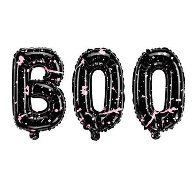 ハロウィンバルーン　BOO　3文字のバルーン　65×35センチ　ブラック＆ピンク　飾り付け　コスチューム　デコレーション　ショーウィンドウ