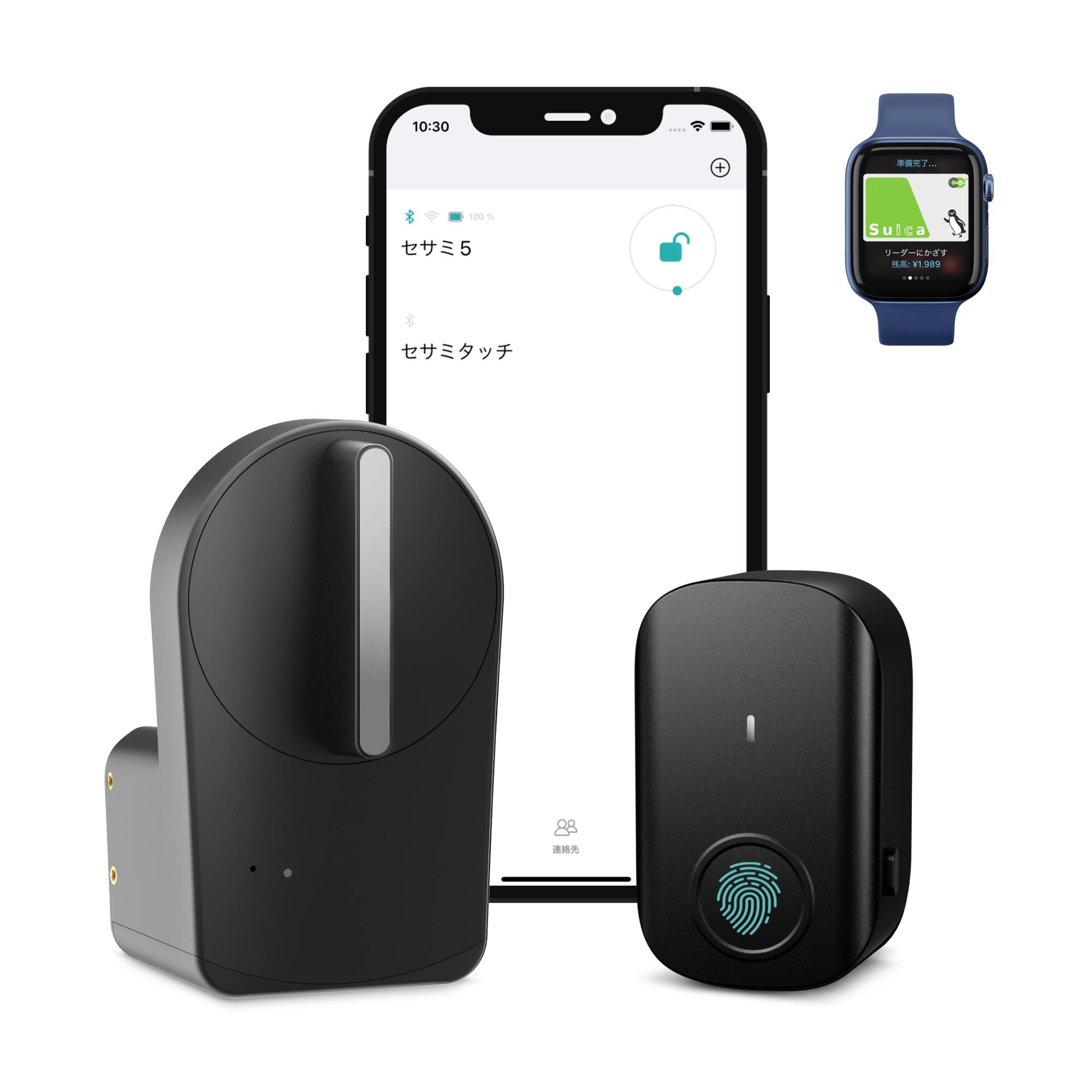 セサミ5＋セサミタッチ2 SESAME5 スマートロック lock 玄関 後付け 指紋認証パッド ICカード Suica PASMO 工事不要 Apple Watch
