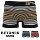 ラッピングは有料となります 詳しく見る ▼ BETONES ビトーンズ ボクサーパンツ メンズ NEON4 シームレス フリーサイズ B006 下着 前閉じ アンダーウェア ブランド おしゃれ かっこいい ボーダー 柄 男性 プレゼント ギフト ※当店では複数店舗と在庫を共有している為、ご注文が完了された場合でも売り違いとなり、ご注文をキャンセルさせていただく場合がございます。 ※取扱いの商品は全てブランド・メーカーから直接または国内正規代理店から仕入れております。 ※モニター環境などにより、実際の商品と色味が異なって見える場合がございます。BETONES定番の細ボーダーデザイン。 脅威の伸縮性と最小限に抑えた縫製・立体的に編み込んでいく立体成型により、履いている事を忘れてしまう程の自然な穿き心地。 糸に吸汗速乾機能素材を使用する事で、ムレや残った汗による冷えなど体へのストレスを軽減。シームレス＆タグレス仕様でウエストのチクチク感からも解放されます。 S〜Lサイズ相当に対応したフリーサイズ展開。 ※こちらの商品は衛生上の観点から、未開封または未着用であっても、返品・交換はお受け出来ません。 ブランド BETONES 品名 NEON4 品番 B006 素材 ナイロン95％ ポリウレタン5％ サイズ FREE（29-34inch/74-86cm） タイプ 前閉じ 生産 中国製 BETONES/ビトーンズ みんなが笑顔になる新感覚アンダーウェアブランド。各業界のトップアスリートらプロフェッショナルをサポートし高い評価を得ています。様々なジャンルのデザイナー達が集結し完成したデザインは、他には無い独自の世界観とラインナップが魅力です。 → BETONESの商品をもっと見る