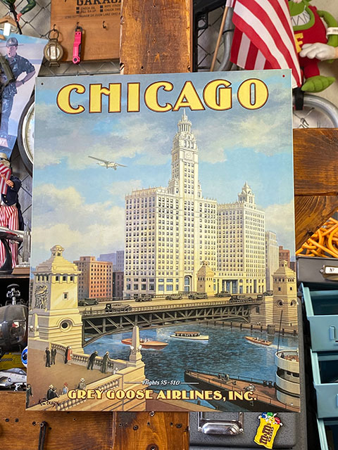 シカゴのトラベルポスター　ブリキ看板　（リグレービル時計塔）