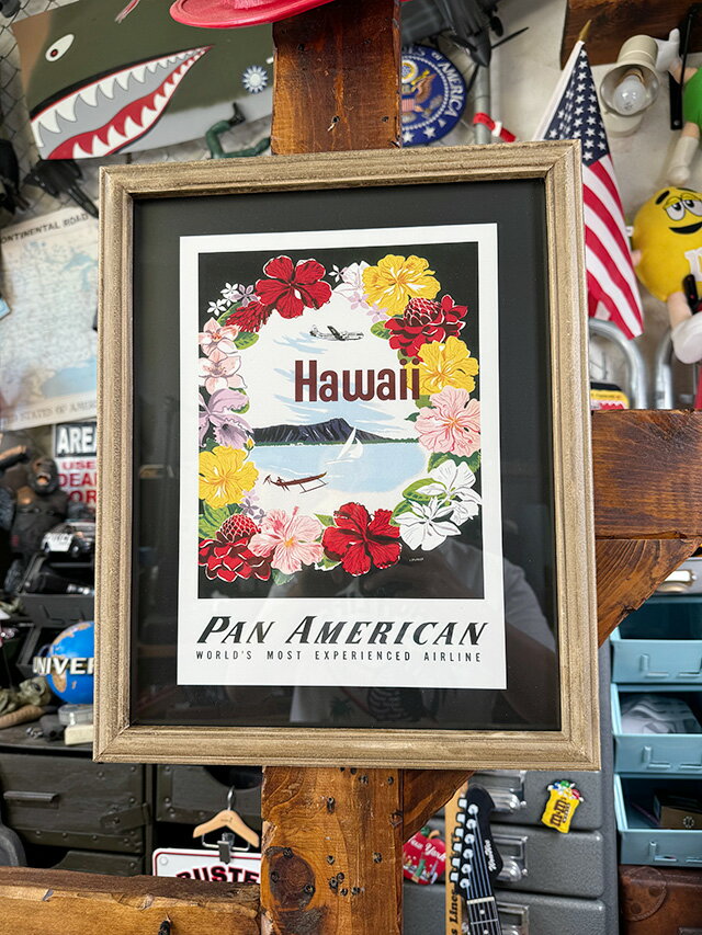 ハワイアン　ヴィンテージポスター　ウッドフレーム　（パンナム/WORLD'S MOST EXPERIENCED AIRLINE）　アメリカン雑貨　アメリカ雑貨　ハワイアン雑貨　ハワイ雑貨　ハワイグッズ　ハワイアングッズ　おしゃれ　ショップインテリア