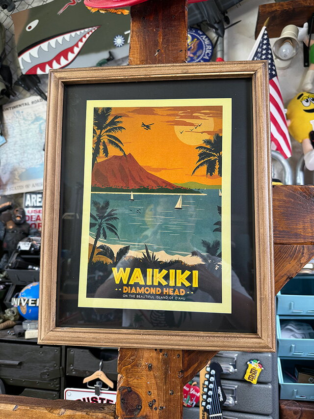 ハワイアン　ヴィンテージポスター　ウッドフレーム　（WAIKIKI-DIAMOND HEAD）　アメリカン雑貨　アメリカ雑貨　ハワイアン雑貨　ハワイ雑貨　ハワイグッズ　ハワイアングッズ　おしゃれ　ショップインテリア
