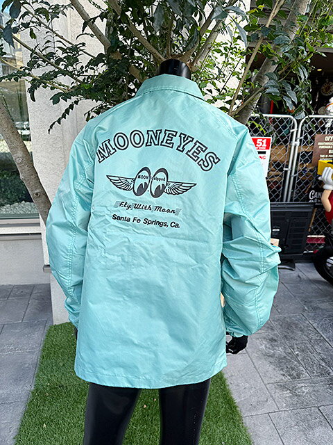 Mooneyes Coach Jacket, Spring/Summer Edition (Light Blue) - MOONEYES American Goods, American Accessories, American Casual Style, Casual, Stylish, Cool, Outerwear, Blouson, Jumper, Motorcycle, Biker, Orion Ace