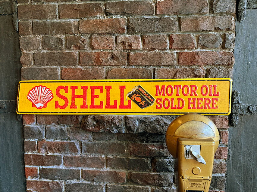 シェル　ストリートサイン　（SHELL MOTOR OIL SOLD HERE）　エンボス　ティンサイン　ブリキ看板　ア..