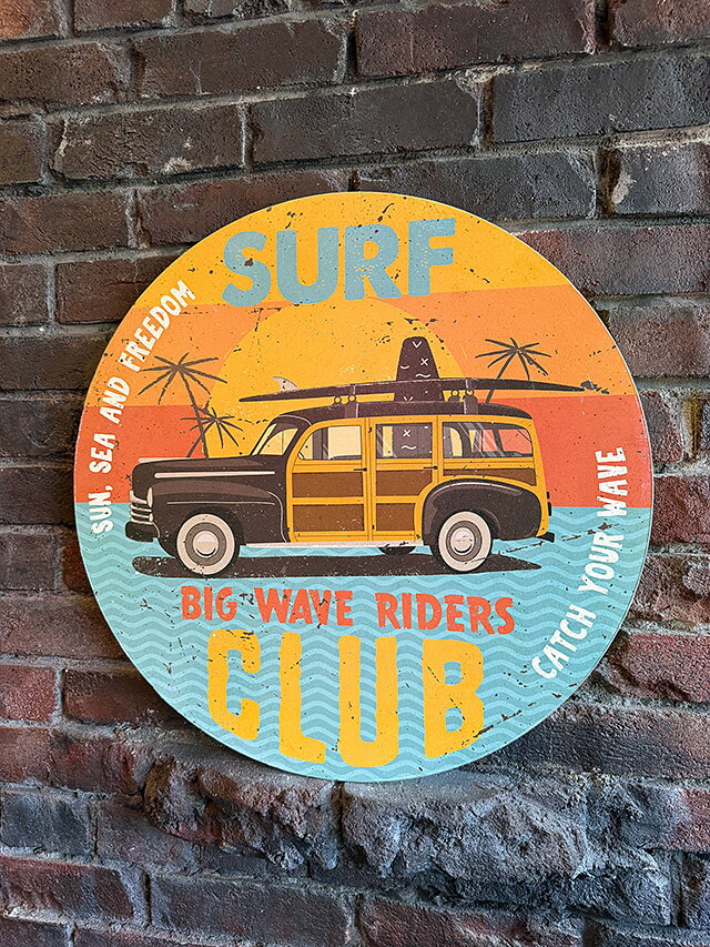 ビッグウェーブライダー サーフクラブのウッドサイン ラウンド型 木製看板 アメリカン雑貨 アメリカ雑貨 ハワイアン雑貨 ハワイ雑貨 ハワイグッズ ハワイアングッズ おしゃれ ショップインテリア
