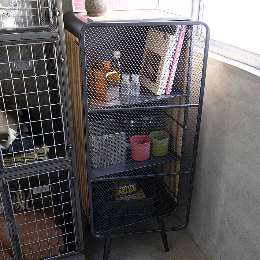 ミリタリーテイスト ウッド＆アイアン メッシュキャビネットL （3段タイプ） 全国送料無料（沖縄・離島除く） 秘密基地系ファニチャー FML アメリカン雑貨 アメリカ雑貨 ミリタリーグッズ ミリタリー雑貨 かっこいい ガレージ雑貨 ガレージング雑貨 大型家具