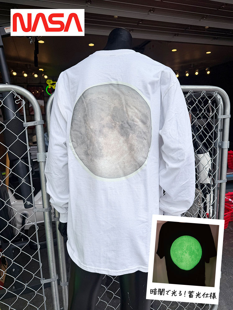 暗闇で光る！蓄光仕様　NASA　ムーン　オフィシャル　ロングスリーブTシャツ　（ホワイト）　ロンT　 ...