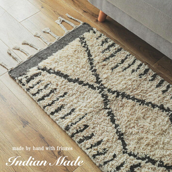 玄関マット ウール100% 50x120 キッチンマット 室内 屋内 マット おしゃれ 北欧 玄関 ラグ モクモク アンティーク アンティーク風 レトロ カフェ風 ラグ ラグマット ふわふわ 可愛い 小さい ふかふか 小さめ インド フリンジ