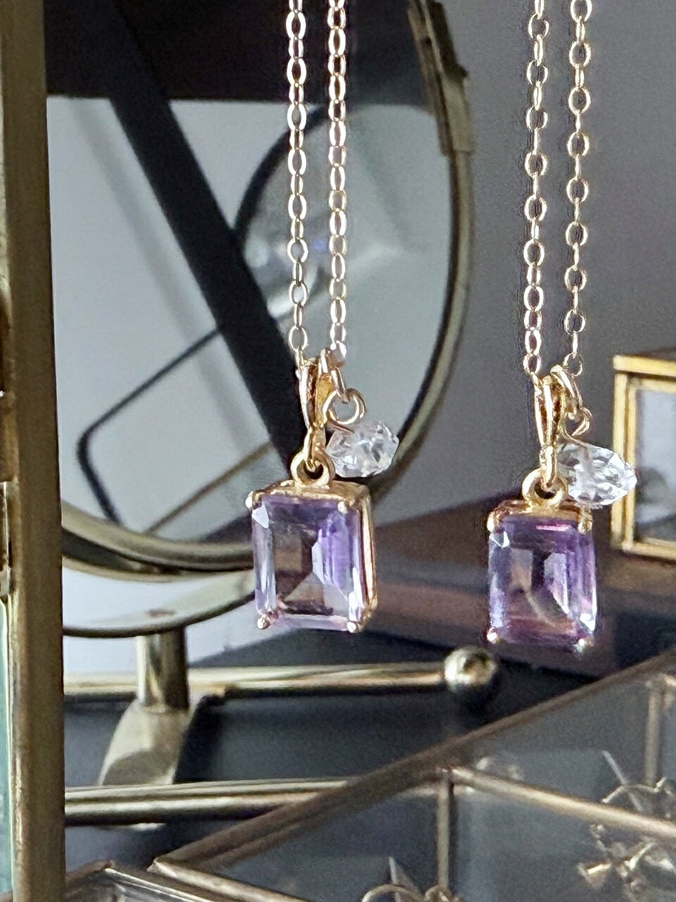 Amethyst - 【2月・4月の誕生石】願いを澄ませ、次の一歩へ。アメシストとハーキマーダイヤモンド（水晶）のネックレス（K14GF） ゴールドフィールド 高品質 宝石質 天然石 アメジスト パープル ピンク 無料ラッピング 誕生日プレゼント 金属アレルギー ペンダント