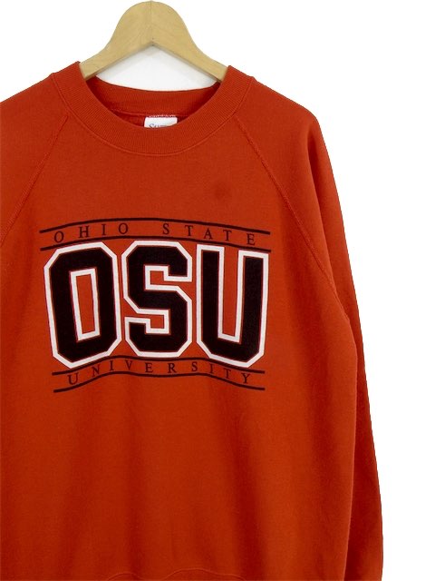 BIGサイズ メンズL 80's ヴィンテージ SANTEE SWEATS 長袖カレッジプリント スウェットシャツ USA製 オハイオ大学 メンズ US-Lサイズ 胸囲110cm レッド系 hs-7574 大きいサイズ あす楽対応 USED 古着 【中古】