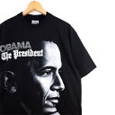 大きいサイズ メンズUS-XLサイズ OBAMA前大統領 半袖プリントTシャツ ラインストーン入り スーパーヘビーウェイトコットン ブラック 黒 胸囲約119cm バラクオバマ LL アメリカ古着 USED BIGサイズ t-1790n【中古】