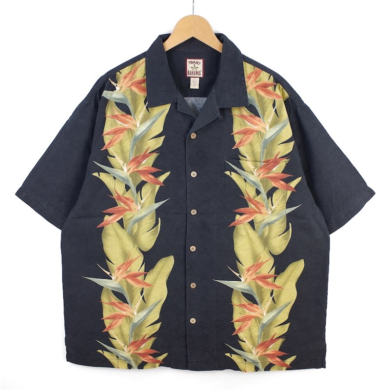 大きいサイズ メンズ US-XLサイズ トミーバハマ TOMMY BAHAMA 100%シルク 半袖開襟ハワイアンシャツ ボックス型 ループカラー アロハシャツ ボックスシャツ シルクシャツ 胸囲約128cm 黒 ブラック系 hs-9941n 春夏 BIGサイズ USED 古着 【中古】