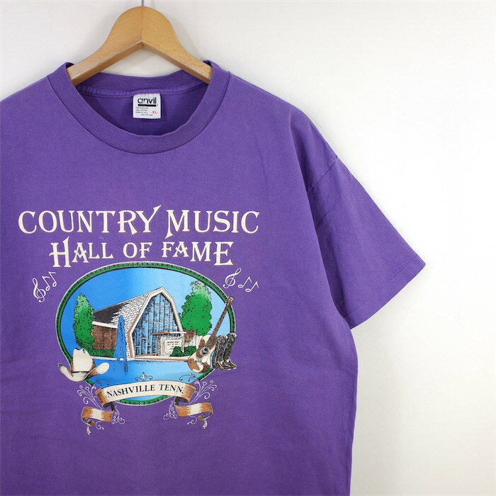 大きいサイズ メンズUS-XLサイズ 90 039 s USA製 anvil 半袖プリントTシャツ COUNTRY MUSIC HALL OF FAME パープル 胸囲約114cm ビンテージ アドバタイジング LL アメリカ古着 USED BIGサイズ t-1835n【中古】