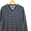 大きいサイズ メンズUS-XLサイズ トミーヒルフィガー TOMMY HILFIGER 長袖Vネック ピマコットンニットセーター ワンポイントロゴ刺繍 ハイゲージ 薄手 胸囲約115cm ボーダー柄 グレー系 tn-0409 BIGサイズ USED 古着 