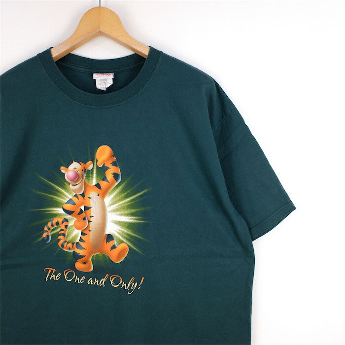 大きいサイズ メンズUS-XLサイズ 90's 00's Pooh ティガー クルーネック半袖プリントTシャツ ダークグリーン 胸囲約117cm ビンテージ Disney ディズニー キャラクター アメリカ古着 USED BIGサイズ t-1994n【中古】