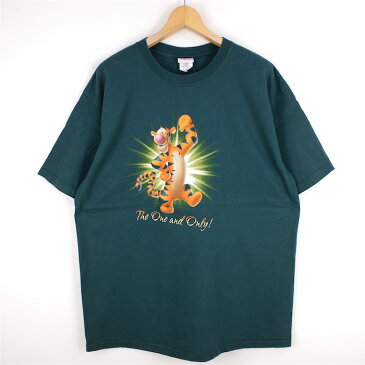 大きいサイズ メンズUS-XLサイズ 90's 00's Pooh ティガー クルーネック半袖プリントTシャツ ダークグリーン 胸囲約117cm ビンテージ Disney ディズニー キャラクター アメリカ古着 USED BIGサイズ t-1994n【中古】