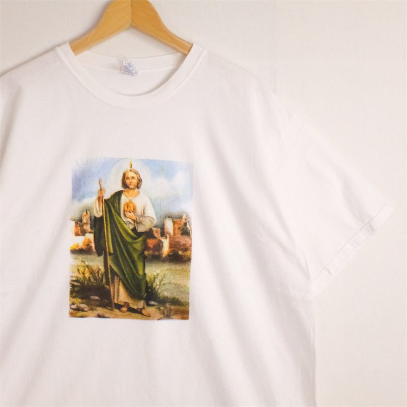 大きいサイズ メンズUS-XLサイズ 00's St. Jude Thaddeus 半袖プリントTシャツ クルーネック ホワイト 白 聖ユダ タダイ 胸囲約116cm イエスキリスト 聖書 ビンテージ LL アメリカ古着 USED BIGサイズ t-2027n【中古】